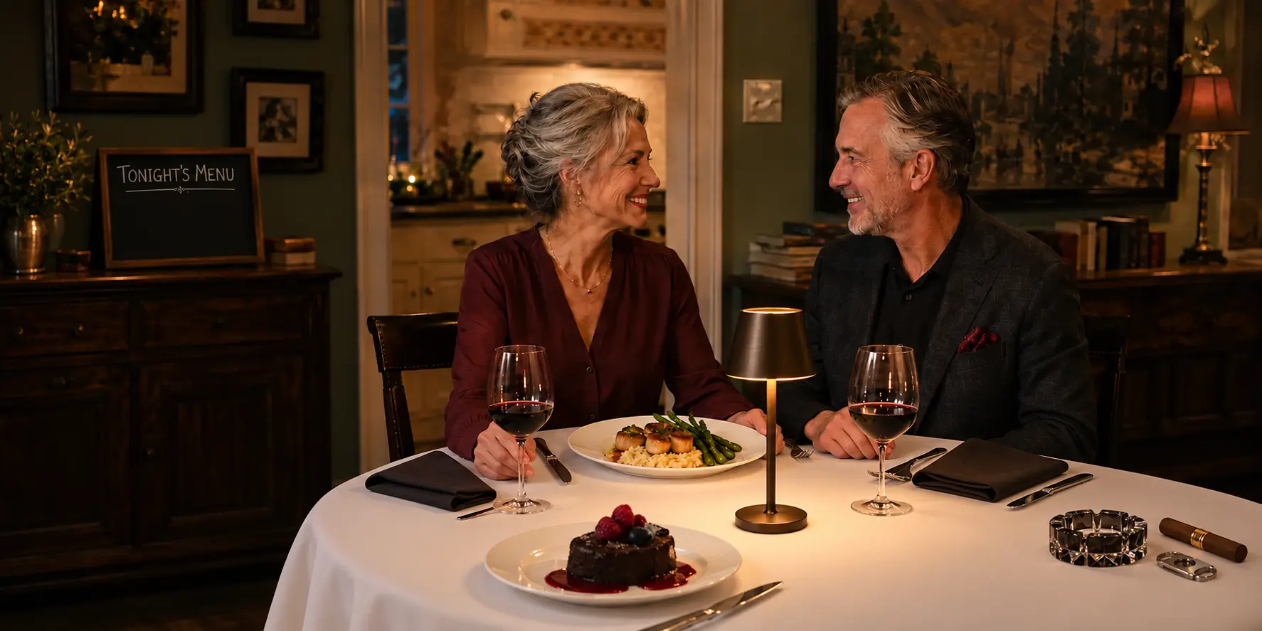 A dressed-up couple enjoying an elegant white-tablecloth dinner in their own Bistro, lit by one commercial table lamp with a single unlit cigar at the far edge.
